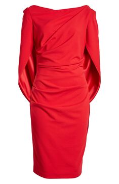 A cocktail dress made of stretchy, asymmetrically draped crepe features cape sleeves that encourage you to embellish every story with a dramatic flourish. 41" length (size 8) Hidden back-zip closure Bateau neck Cape sleeves Lined 94% polyester, 6% spandex Dry clean Made in the USA of imported fabric Cape Sleeve Dress, Chic Cocktail Dress, Cape Sleeves, Bateau Neck, Red Dresses, Cape Dress, Free Fabric, Black Fits, Nordstrom Dresses