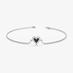 White Gold Diamond and Black Enamel Heart Bracelet Black Heart Bracelet, Assassin Oc, Black Bracelet, Dainty Bracelet, Heart Diamond, Enamel Bracelet, Black Bracelets, Dainty Bracelets, Diamond Carat