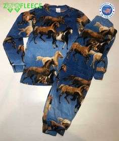 Made in Brooklyn, NY These are Horse PJ's for children. Kids always enjoy these fleecy PJ's plus they look super cute in them.  This fabric is exceptionally effective at keeping you warm and lightweight. The dual surface system with a tough outer layer allows for warm air to stay inside. Layering is essential to cold weather protection. The fabric is smooth and extremely soft.  100% Machine Washable - There is no shrinkage with polar fleece Polar Fleece is 100% Polyester Happy Holiday Cozy Fit Fleece Sleepwear For Sleepover, Cozy Blue Sleepwear For Sleepovers, Cozy Long Sleeve Blue Onesie, Blue Winter Sleepwear For Pajama Party, Cozy Blue Loungewear Set, Blue Winter Onesie For Sleep, Blue Winter Sleep Onesie, Fleece Long Sleeve Sleepwear For Bedtime, Long Sleeve Fleece Sleepwear For Bedtime