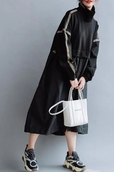 Women's Loose Cotton Casual Spliced Dress Casual Fake Two-piece Winter Dress, Casual Fake Two-piece Dress For Fall, Casual Fake Two-piece Dresses For Winter, Casual Winter Dresses With Splicing, Black Cotton Dress, Black Cotton Dresses, Fall Dresses, Cotton Dress, Cotton Dresses