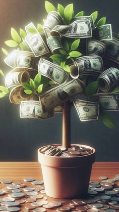 a potted plant with money growing out of it