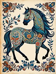 a painting of a horse with blue manes and flowers on it's back