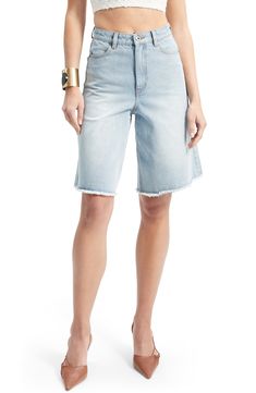 Refresh your denim with faded nonstretch shorts flaunting a fitted high waist and roomy legs that relax into frayed, knee-length hems. Zip fly with button closure Front scoop pockets; back patch pockets 100% cotton Machine wash, line dry Imported Long Denim Shorts, Cut Off Shorts, Womens Bottoms, Knee Length, Denim Shorts, High Waist, Size 12, Size 10, Nordstrom