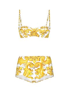 This Dolce & Gabbana Maiolica-print bikini set is a must-have for your summer wardrobe! The vibrant Maiolica print will make you stand out while the high-quality fabric ensures a comfortable, secure fit. With this bikini set, you can confidently enjoy your time at the beach or pool.Highlightsyellowwhitestretch-designunderwire cupadjustable shoulder strapsdetachable shoulder strapsrear zip fasteninghigh-riselogo patch to the frontBe mindful to try on swimwear over your own garments.CompositionOuter: Nylon 72%, Spandex/Elastane 28%Lining: Nylon 88%, Spandex/Elastane 12%Brand style ID: O8A27JONR14Colour: H45DQ Honeymoon Swimwear, Majolica Print, White Bra, Dg Logo, Feminine Chic, White Bras, High Waist Bottoms, Cannes, Try On