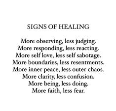 a poem written in black and white with the words signs of healing on it