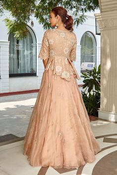 Buy Pink Organza Hand Embroidered Aari Round Peplum Top And Lehenga Set For Women by Osaa by Adarsh Online at Aza Fashions. Peplum Top Lehenga, Top And Lehenga, Flared Lehenga, Pink Peach, Cut Work, Set For Women, Aza Fashion, Sleeve Type, Half Sleeves