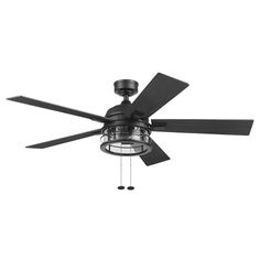 a ceiling fan that is on top of a white wall and has two black blades