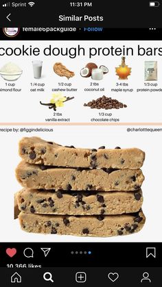 an info sheet describing how to make cookie dough protein bars with chocolate chips and almonds