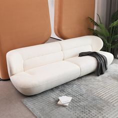 a white couch sitting on top of a rug in a living room next to a plant