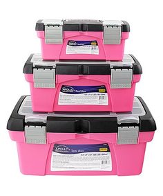 three pink and black storage containers stacked on top of each other with labels on them