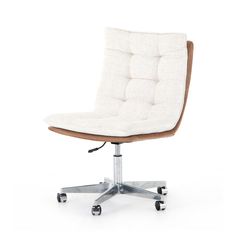 an office chair with wheels and a white upholstered seat