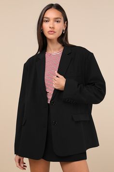 Dress up any look to perfection when you head out in the Lulus Sophisticated Era Black Oversized Blazer! Lightweight woven fabric shapes this versatile blazer with a notched collared neckline and long sleeves with lightly padded shoulders and decorative button cuffs. A faux welt pocket, functional twin flap pockets, and two button closures accent the oversized bodice. Fit: This garment fits true to size. Length: Size medium measures 29.5" from shoulder to hem. Bust: Great for any cup size. Waist Oversized Structured Blazer For Business Casual, Oversized Single Button Outerwear For Formal Occasions, Oversized Blazer With Hidden Button Closure For Office, Oversized Long Sleeve Formal Outerwear, Oversized Structured Blazer For Formal Occasions, Oversized Structured Blazer For Workwear, Oversized Fall Blazer For Formal Occasions, Oversized Lapel Collar Blazer For Office Wear, Oversized Notch Lapel Blazer For Office Wear