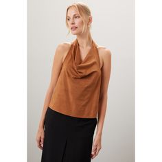 Tan faux suede (98% Polyester, 2% Spandex) Tank top. Cowl Neck. Sleeveless. Back button closure. 19.5" shoulder to hemline. Imported. Sleeveless Brown Halter Top For Night Out, Chic Brown Halter Top For Night Out, Chic Brown Tank Top For Fall, Fitted Halter Top For Fall, Chic Tank Top For Fall, Central Park West, Rent The Runway, Autumn Inspiration, Central Park