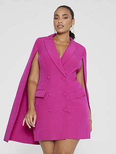 Plus Size Sabine Cape Blazer Dress | Fashion to Figure Cape Sleeve Blazer Dress, Blazer Dress Curvy, Plus Size Tuxedo Dress, Pink Cape Blazer, Purple Sequin Dress, Cape Blazer, Cutout Sweater, Shimmer Dress, Corset Style Tops