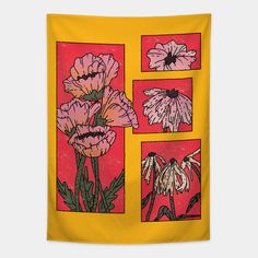 a yellow wall hanging with pink flowers on it