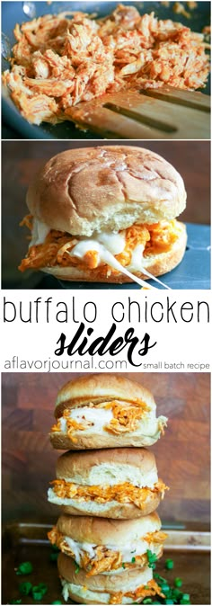 the buffalo chicken sliders are stacked on top of each other