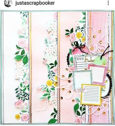 a pink scrapbook with flowers and frames on it, next to the words just scrapbooker