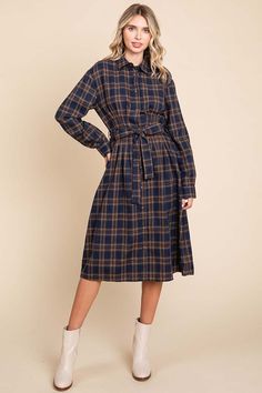 Features: Long Sleeve, Self Tie Waist, Flannel Material, Button Down, Collared Shirt Dress, Midi Length, Plaid PrintModel is 5'7"(32B 24 34) wearing small- Front Length 43 Bust 38 Flannel Shirt Dress, Dress Work, Button Down Shirt Dress, Collared Shirt Dress, Checkered Dress, Work Dress, Long Shirt Dress, Women Midi, Midi Shirt Dress