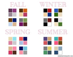 the words fall, winter, and spring are shown in different color schemes on white paper