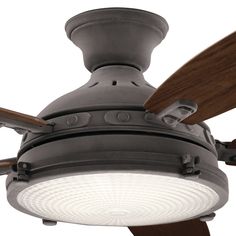 a ceiling fan with two wooden blades and a light fixture on it's side