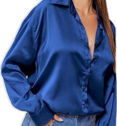 Satin Silk, Blue Satin, Work Office, Silk Satin, Daily Life, Royal Blue, Button Down Shirt, Long Sleeve Shirts, Womens Sizes