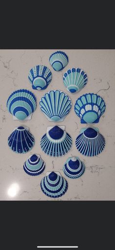 blue and white shells are arranged in a circle