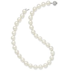 Sterling Silver Majestik White Shell Pearl and Cubic Zirconia Clasp Necklace Classic Pearl White Jewelry, Classic White Pearl Charm Jewelry, Classic Pearl White Pearl Jewelry, Classic White Pearl Chain Jewelry, Formal White Pearl Embellished Necklaces, Elegant White Pearl Necklace With Charm, Elegant White Single Strand Pearl Necklace, Elegant White Pearl Necklace, Diamond White Pearl Necklace For Formal Occasions