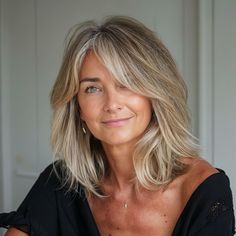 53 Gorgeous Wash & Wear Hairstyles for Women Over 50 Midi Shag With Curtain Bangs, Hair Long Bob With Bangs, Long Bangs For Wavy Hair, Long Bob With Bangs Over 50, Long Bobs Haircuts With Bangs, Messy Layered Bob Mid Length, Curtain Bangs For Mid Length Hair, Women's Haircut With Bangs, Blonde Lob Haircut With Bangs