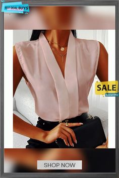 Sleeveless V-neck Plain Casual Top Elegant V-neck Blouse For Summer, Elegant V-neck Solid Color Vest, Chic Solid Color V-neck Top For Summer, Chic Sleeveless V-neck Top For Summer, Elegant Sleeveless V-neck Top For Work, Casual V-neck Vest For Office, Elegant V-neck Vest Top, Elegant V-neck Summer Tops, V-neck Tank Top For Party