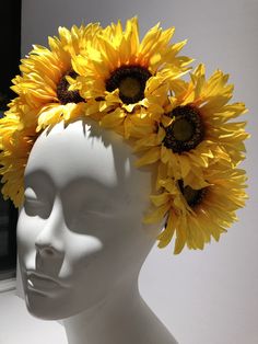 Sunflower Flower Fascinator- Yellow Headband- Mad Hatter Party- Tea Party- Kentucky Derby- Wedding Garden Party Hello, This headpiece is made with 6 sunflower that are about 5 inches wide. Flowers are tilted for extra height. Perfect for fall and anyone who loves sunflowers. It is attached to a black covered skinny headband and is adjustable. Leaves finish off the back. It's very comfortable and will fit any size head. 10 to 90! I've been making hair pieces over 20 years. I love what I do and I Floral Headpieces For Summer Garden Parties, Adjustable Flower Headband For Summer, Summer Flower Headband For Garden Party, Summer Flower Headpiece With Matching Headband, Summer Adjustable Flower Decoration Headpieces, Summer Adjustable Headpieces With Flower Decoration, Summer Garden Party Headband With Handmade Flowers, Handmade Flower Hair Accessories For Summer, Adjustable Summer Headpiece With Flower Decoration