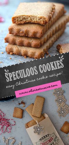 a stack of cookies sitting on top of a table next to a sign that says, specialos cookies easy christmas cookie recipe