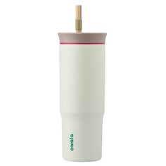 a white and pink tumbler cup with a straw sticking out of it's top