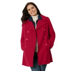 Woman Within Women's Plus Size Wool-Blend Double-Breasted Peacoat Peacoat.This beautiful peacoat will have you properly covered during cooler months. A notch collar with wide lapels frames the face, and a double-breasted button front provides an elegant closure. Youll love the quilted lining and fleece-lined side pockets that will add an extra touch of warmth on chilly days. Front and back shaping seams create a feminine silhouette that allows this lovely piece to go with everything form casual Red Winter Coat, Pea Coats Women, Plus Size Winter, Wool Peacoat, Woman Within, Notch Collar, Coat Fashion, Comfortable Outfits, Casual Jeans