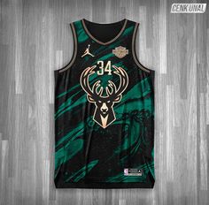 the milwaukee bucks'jersey is displayed on a wooden floor in front of a wall