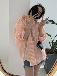 Orange Stripes Oversized Shirt | Karina - Aespa Orange M Oversized Shirt For Spring Day Out, Oversized Spring Shirt For Day Out, Oversized Orange Top For Day Out, Kpop Shirts, Fashion Chingu, Sequin Shirt, Plaid Vest, Karina Aespa, Drawstring Top