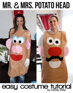 two people dressed up as mr and mrs potato head, one is wearing a costume