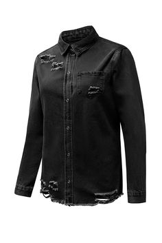 Black Ripped Denim Jacket Description: Elevate your casual wardrobe with our Black Ripped Denim Jacket. This Shacket (Shirt + Jacket) combines a chic and casual style, making it a versatile piece for various occasions. Key Features: Made of high-quality 100% Cotton denim fabric for a comfortable wear Stylish solid color with fashionable ripped details Sheath silhouette with long sleeves and an elegant shirt collar Features buttoned front closure for easy dressing and a trendy cut-out design Desi Trendy Distressed Black Denim Jacket, Trendy Distressed Black Outerwear, Trendy Black Distressed Denim Jacket, Black Distressed Denim Jacket For Spring, Casual Black Ripped Outerwear, Edgy Ripped Cotton Outerwear, Spring Black Distressed Denim Jacket, Ripped Black Denim Jacket, Black Distressed Denim Jacket In Grunge Style