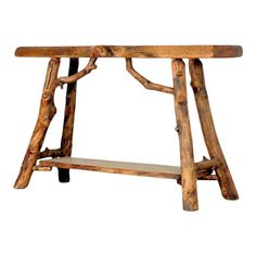 a wooden bench made out of branches and logs with a shelf underneath it for storage