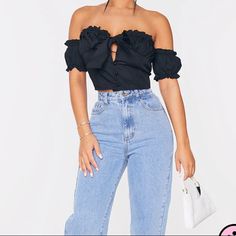 Petite Black Frill Detail Crop Blouse By Pretty Little Thing Complete Your Outfit Of The Day With This Crop Blouse, Featuring A Black Frill Detail And Tie Front Design. Looks Super Cute With Denim And Heels For A 'Jeans And A Nice Top' Combo New With Tags Size: Usa 8 Summer Going Out Crop Tops, Elegant Black Padded Crop Top, Black Off-shoulder Top For Going Out, Black Crop Top Blouse For Spring, Black Summer Blouse For Going Out, Chic Padded Blouse Crop Top For Day Out, Chic Short Sleeve Crop Top For Date Night, Black Cropped Padded Blouse, Black Summer Crop Top Blouse