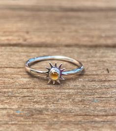 This is a sterling silver sun ring. The sun and bezel setting have been soldered to the wire. All components of the ring are sterling silver.  The sun measures 8mm with a 3mm citrine cabochon in the bezel. This ring works best with other stacking rings since the spikes of the sun are a bit sharp and wearing them with the other stacking rings don't allow the spikes to protrude as much. The wire band is made with 1.5mm wire.  The citrine stone is translucent and shines bright yellow in the light o Silver Ring Design, Evil Eye Ring Silver, Mushroom Ring, Sun Ring, Hematite Ring, Gothic Ring, Stackable Rings Silver, Silver Ring Designs, Sun Stone