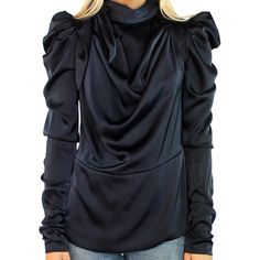 Mock Neck Self Tie Blouse. 100% Poly Hand Wash Cold Satin Fabric Mock Neck With Self-Tie Collar Hidden Back Zipper Closure Puffed Long Sleeves With Hidden Zipper Closure Imported Solid Color Blouse For Winter Office Wear, Formal Solid Tops For Winter, Solid Color Office Blouse For Winter, Solid Winter Blouse For Office, Winter Office Blouse In Solid Color, Elegant Winter Office Tops, Winter Office Blouse, Chic Fall Office Tops, Chic Formal Winter Tops