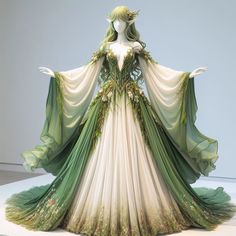 Elf Ball Gown, Elf Fairy Cosplay, Fantasy Nature Dress, Fantasy Green Dress, Fantasy Elf Dress, Fantasy Dress Green, Fantasy Ball Dress, Fairytale Dress Medieval, Dress Fantasy Art