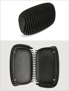 the front and back sides of a black plastic comb with metal pins on it, next to an image of several different sized combs