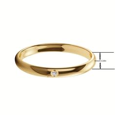 a gold wedding ring with a diamond in the center and measurements for each band,