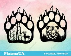 two bear paws with trees and deer in the background