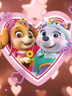 two cartoon dogs are standing next to each other in front of a heart with hearts and stars