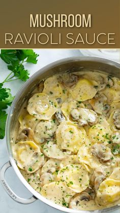 mushroom ravioli sauce in a pan with parsley on the side and text overlay