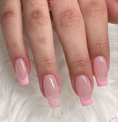 Nail Pink Acrylic, Pink Nail With French Tip, Cute Pink French Tips, Pink French With Heart, Nail Inspo Pink French Tip, Pink French Gel Nails, Cute Simple Pink Nails, Rosa French Nails, Pink French Tip Nails With Design