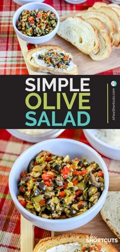 the recipe for simple olive salad is shown in three different bowls