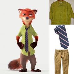 the fox is wearing a green shirt, tie and khaki pants with brown shoes